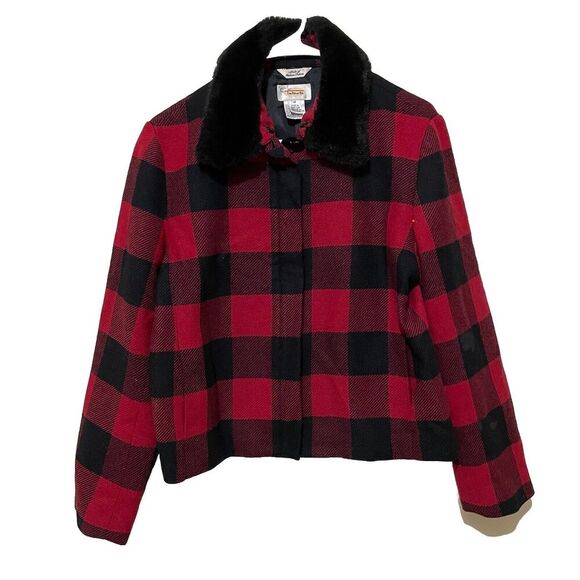 Talbots Buffalo Plaid 100% Wool Jacket Red Black Faux Fur Collar 10 petite - Picture 1 of 7